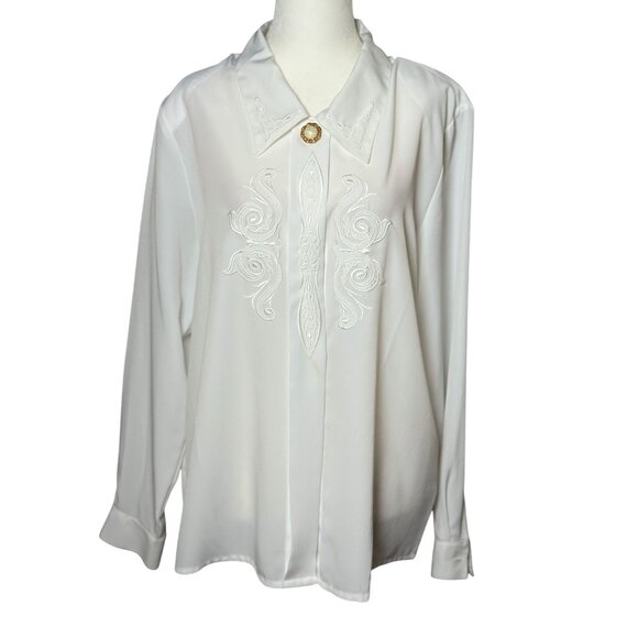 Vintage Jaclyn Smith White Embroidered Blouse With Pearl Buttons Size 14 - Picture 2 of 11